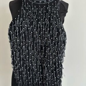 Topshop Black Beaded Fringe Evening Top – Sleeveless Party Blouse